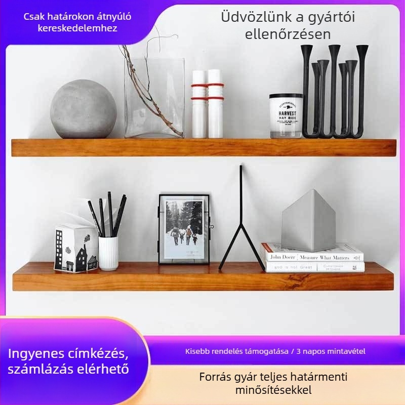 Tömörfa falipolc, kétszintes, falra szerelhető, modern minimalista stílusú, többfunkciós