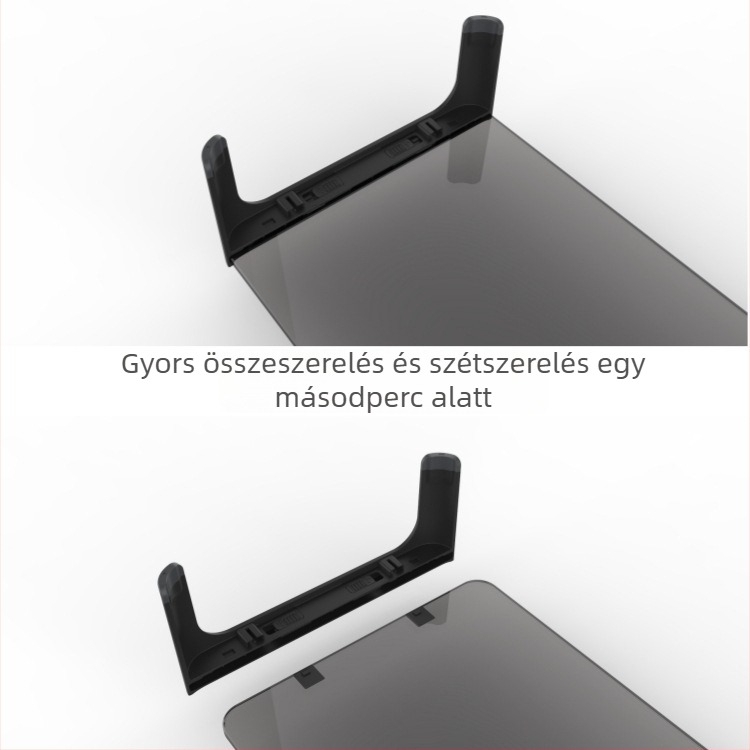 Edzett üveg monitoremelő és asztali tárolópolc, modell SY-MS06DB, mechanikus vezérlés, tápkábel és adapter mellékelve