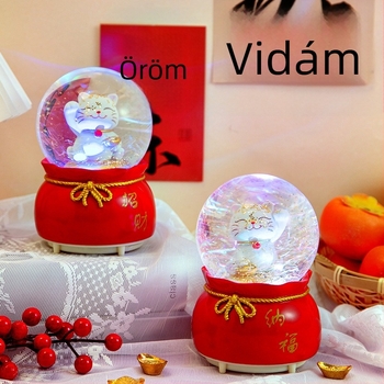 Zenei doboz kristálygömbbel — Szerencsemacska, új kínai stílus, kézzel festett gyanta és üveg, asztali ajándék