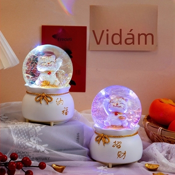 Zenei doboz kristálygömbbel — Szerencsemacska, új kínai stílus, kézzel festett gyanta és üveg, asztali ajándék