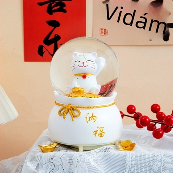 Zenei doboz kristálygömbbel — Szerencsemacska, új kínai stílus, kézzel festett gyanta és üveg, asztali ajándék