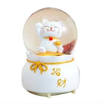 Zenei doboz kristálygömbbel — Szerencsemacska, új kínai stílus, kézzel festett gyanta és üveg, asztali ajándék