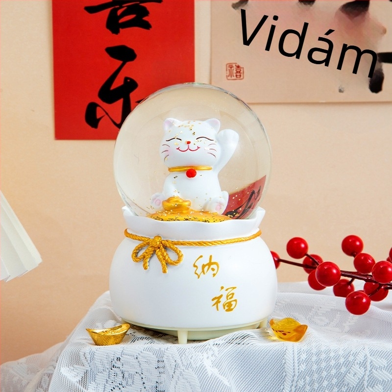 Zenei doboz kristálygömbbel — Szerencsemacska, új kínai stílus, kézzel festett gyanta és üveg, asztali ajándék