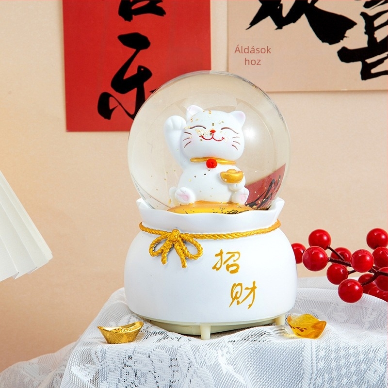 Zenei doboz kristálygömbbel — Szerencsemacska, új kínai stílus, kézzel festett gyanta és üveg, asztali ajándék