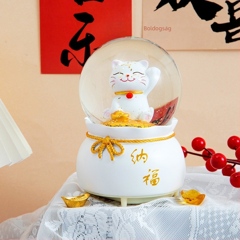 Zenei doboz kristálygömbbel — Szerencsemacska, új kínai stílus, kézzel festett gyanta és üveg, asztali ajándék