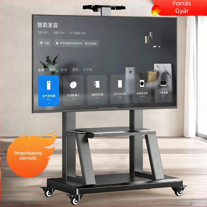 Könnyen kezelhető TV padlóállvány kerekekkel, vas tartó, SPCC acél, All-in-One TV-hez, teherbírás >15 kg