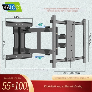 DL90 LCD tévé falra szerelhető tartó 90°-os elforgatással, teleszkópos kinyúlás, acél konstrukció, teherbírás 15 kg