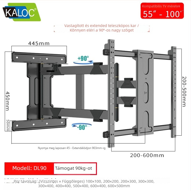 DL90 LCD tévé falra szerelhető tartó 90°-os elforgatással, teleszkópos kinyúlás, acél konstrukció, teherbírás 15 kg