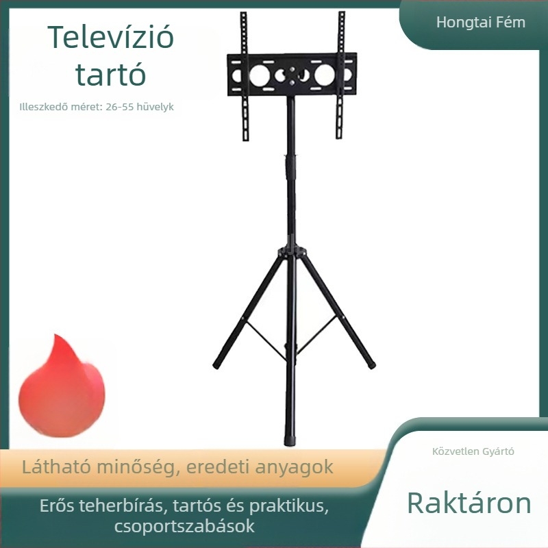 Háromlábú padlóra álló TV állvány LCD TV-hez és számítógéphez, vasból készült, falra szerelhető, mechanikus állítás, teherbírás >15 kg