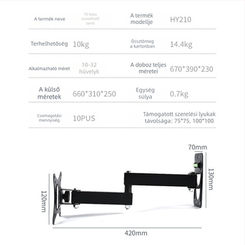 HY210 Teleszkópos, forgó falra szerelhető TV/monitor tartó, 11-15 kg kapacitás