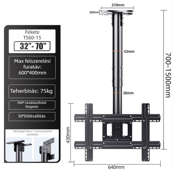 TV mennyezeti tartó, teleszkópos forgatható tartó, modell DJT560-15, vasból készült, teherbírás 15 kg, mechanikus vezérlés, falra szerelhető
