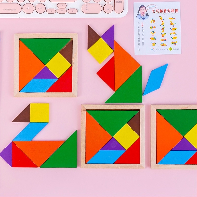 Fából készült Tangram puzzle gyerekeknek – háromdimenziós puzzle, illusztrációk és táblák összeállítása, márka Meiyangyang, 4–6 éveseknek