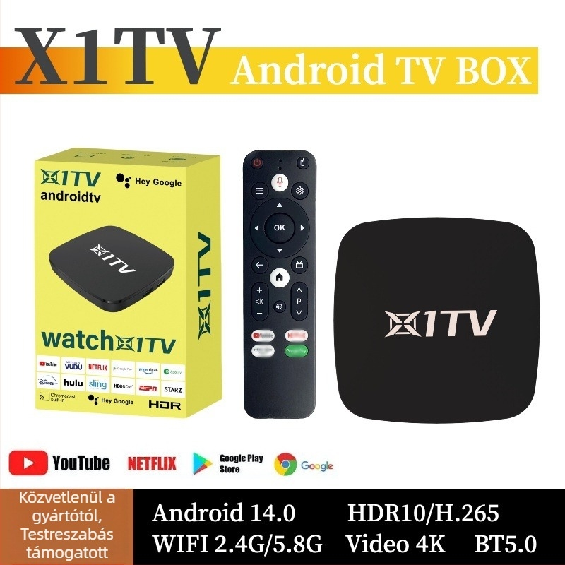 TV Box X1TV1: Android TV médialejátszó, quad‑core processzor, 1080p HD, két sávos Wi‑Fi, 8/64/128GB beépített tárhely.