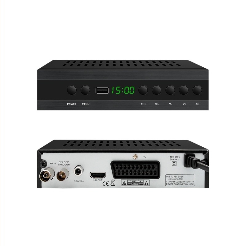 DVB-T2 set-top box HEVC-vel, 1080p, négymagos processzor, Wi‑Fi, HDMI