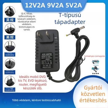 LED‑fényű univerzális AC/DC tápegység kiválasztható kimenetekkel: 12V/9V/5V/6V, max. 2A; alkalmas routerekhez, set-top boxokhoz, monitorokhoz, kis TV-khez, DVD-lejátszókhoz és hangfalakhoz