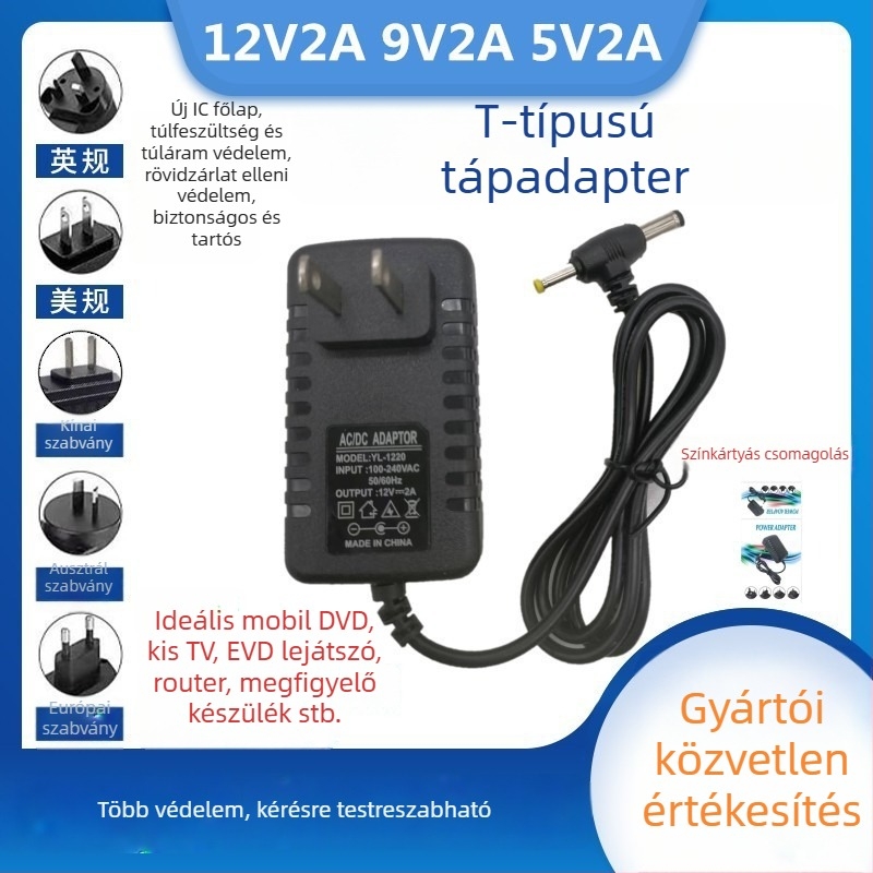 LED‑fényű univerzális AC/DC tápegység kiválasztható kimenetekkel: 12V/9V/5V/6V, max. 2A; alkalmas routerekhez, set-top boxokhoz, monitorokhoz, kis TV-khez, DVD-lejátszókhoz és hangfalakhoz