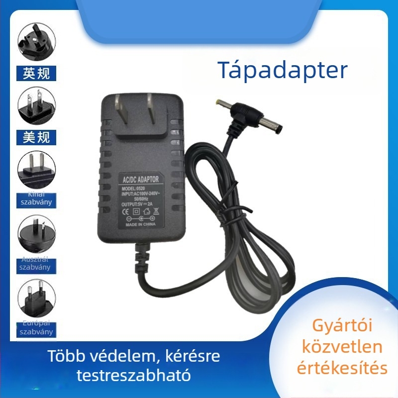 LED‑fényű univerzális AC/DC tápegység kiválasztható kimenetekkel: 12V/9V/5V/6V, max. 2A; alkalmas routerekhez, set-top boxokhoz, monitorokhoz, kis TV-khez, DVD-lejátszókhoz és hangfalakhoz
