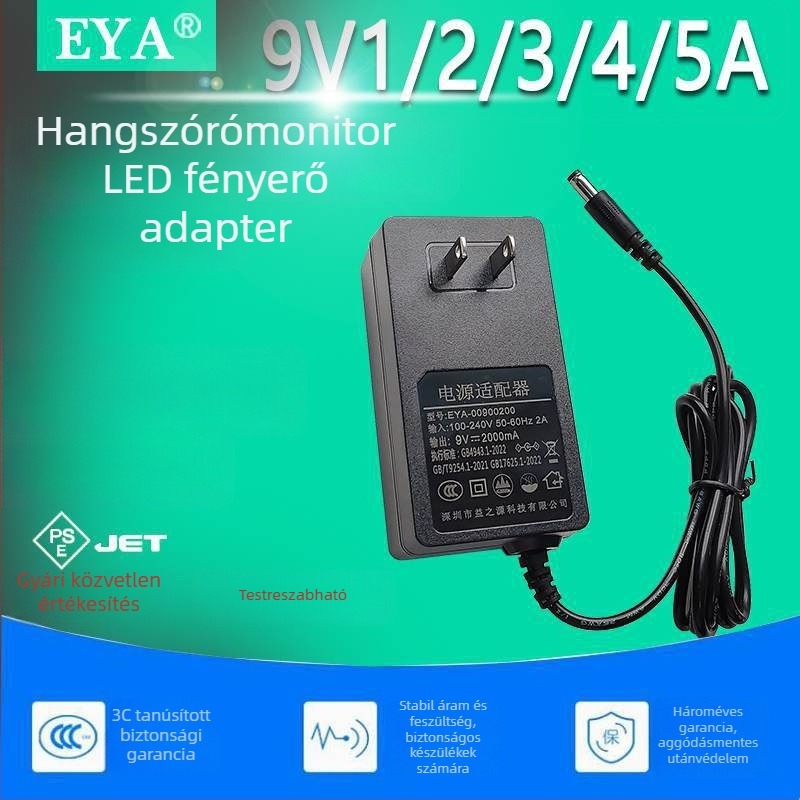 3C-akkreditált 9V energiaadapter LCD TV-khez, kijelzőkhöz, set-top boxokhoz és LED-szalagokhoz — kimenet 1A–5A választható