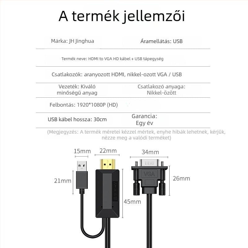 HDMI–to–VGA átalakító kábel Z128C, rézmagú, fejlett chip, hossz 1–10 m
