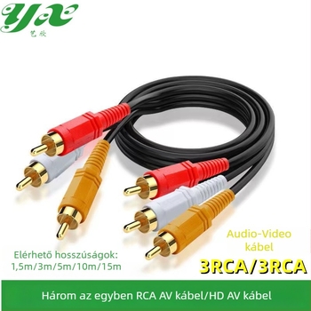 3RCA–3RCA audio/video kábel, színkódolt háromfejű RCA, aranyozott érintkezők, réz vezető, hossz 1,5–15 m