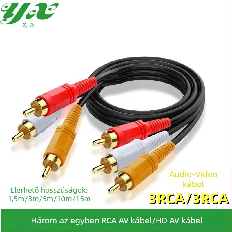 3RCA–3RCA audio/video kábel, színkódolt háromfejű RCA, aranyozott érintkezők, réz vezető, hossz 1,5–15 m