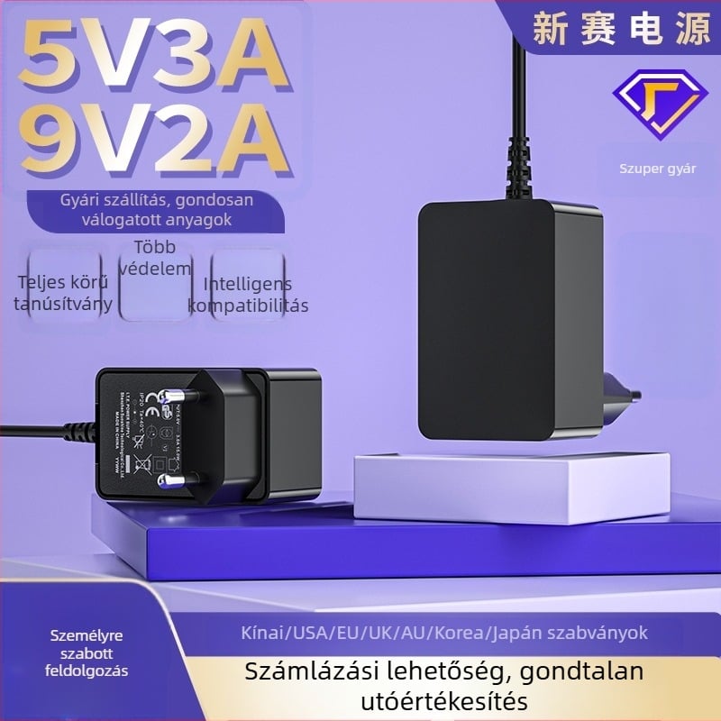 Digitális képkerethez való tápegység – kimenetek: 12V 1.5A, 9V 2A, 5V 3A; bemenet 100–240V; CE tanúsítvány; modell XSD-1201500DEUD