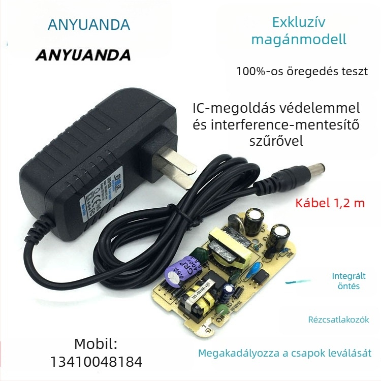 12V 1A PWM kapcsolóüzemű tápegység set-top boxhoz, routerhez és LED-szalaghoz — bemenet 110-240V AC, kimenet 12V, 12W, kimeneti zaj <100 mV, hatékonyság 88%