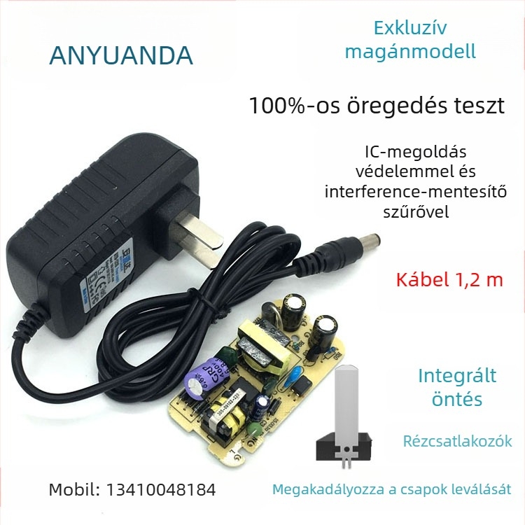 12V 1A PWM kapcsolóüzemű tápegység set-top boxhoz, routerhez és LED-szalaghoz — bemenet 110-240V AC, kimenet 12V, 12W, kimeneti zaj <100 mV, hatékonyság 88%