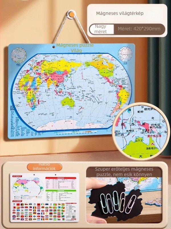 Deli mágneses világtérkép puzzle – sík puzzle 4–6 éves gyerekeknek