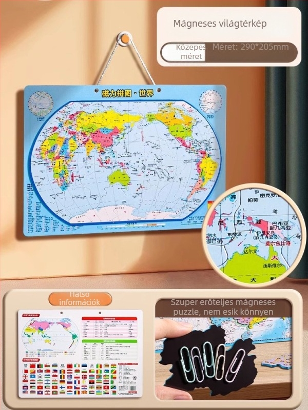 Deli mágneses világtérkép puzzle – sík puzzle 4–6 éves gyerekeknek