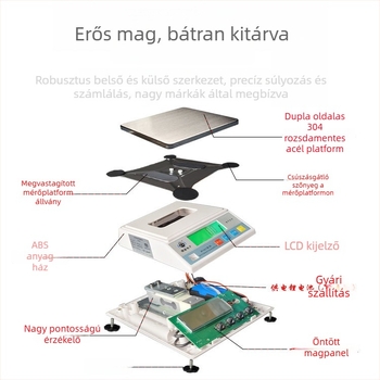Kereskedelmi felhasználásra tervezett, nagy pontosságú kompakt elektronikus mérleg, 3–10 kg kapacitás, 0,3 g felbontás, egységek: g, kg, lb