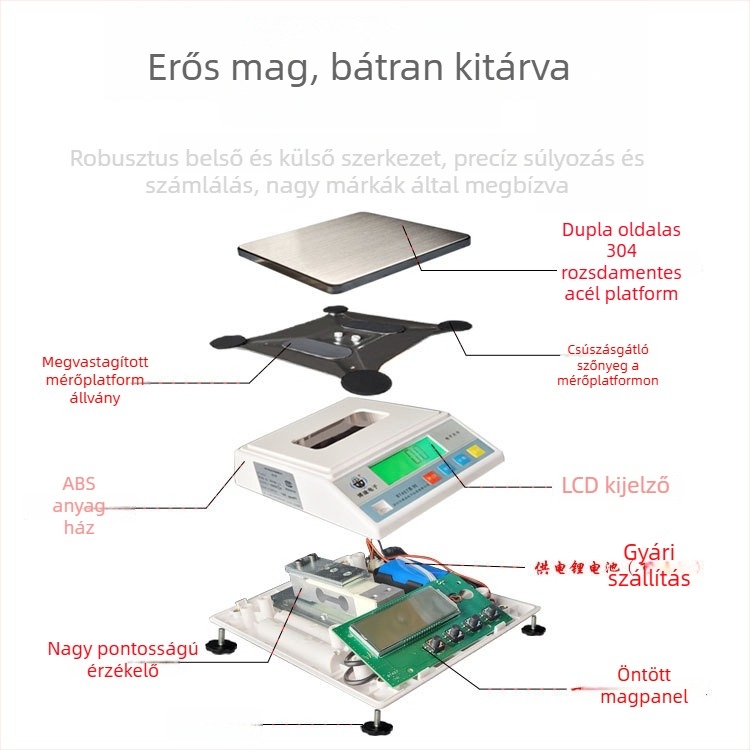 Kereskedelmi felhasználásra tervezett, nagy pontosságú kompakt elektronikus mérleg, 3–10 kg kapacitás, 0,3 g felbontás, egységek: g, kg, lb