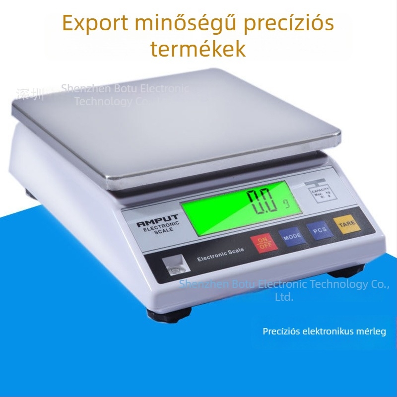 Kereskedelmi felhasználásra tervezett, nagy pontosságú kompakt elektronikus mérleg, 3–10 kg kapacitás, 0,3 g felbontás, egységek: g, kg, lb