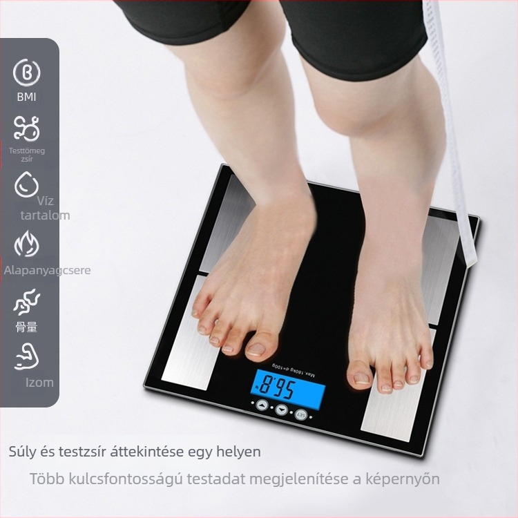 Testzsírmérleg – méri a testtömeget, a testzsírt és a kalóriákat; maximális teherbírás 180 kg; LCD-kijelző; működés akkumulátorról (2×1,5 V AAA)