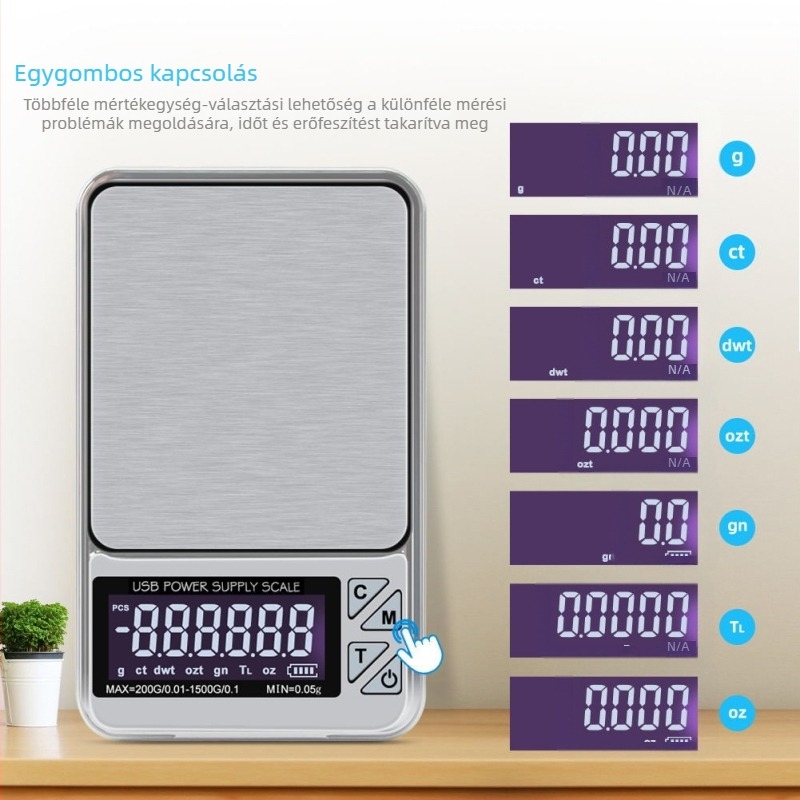 USB-tápellátású, nagy pontosságú elektronikus mérleg, 1000 g kapacitás, 0,01 g felbontás, többparaméteres gyógynövénypor mérleg