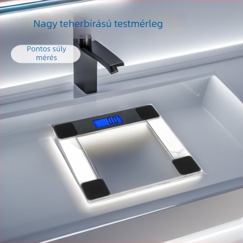 Fürdőszobai mérleg átlátszó edzett üvegből, digitális testtömeg-mérleg