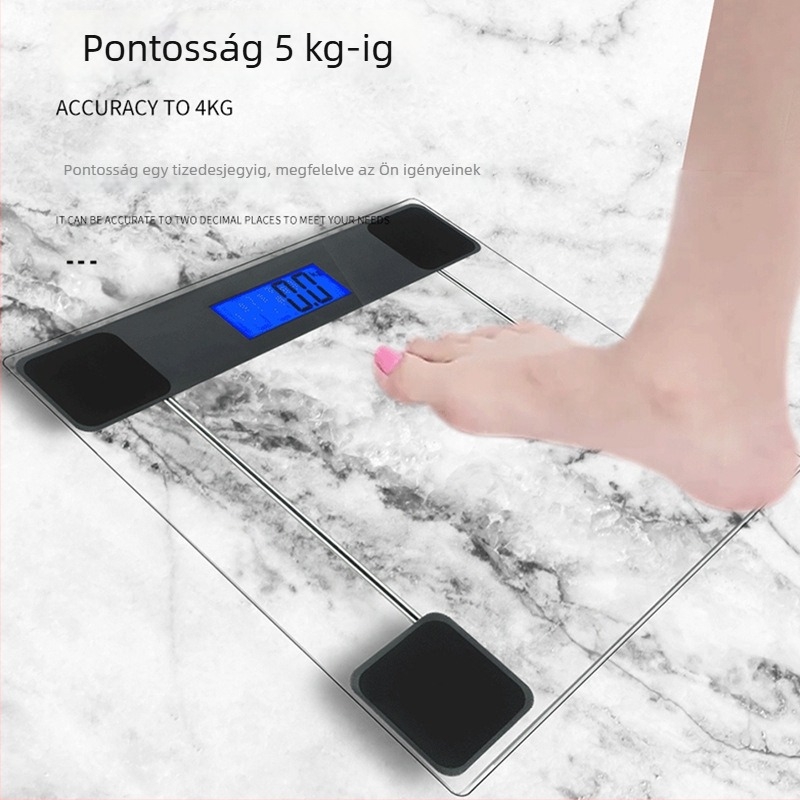 Fürdőszobai mérleg átlátszó edzett üvegből, digitális testtömeg-mérleg
