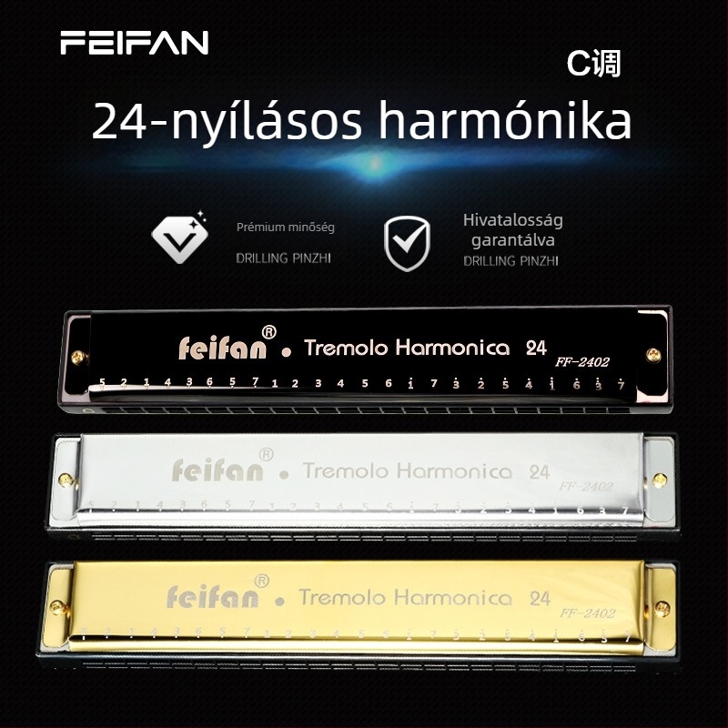 24-nyílású C-dújú polifonikus szájharmonika, aranyozott fedelekkel, műanyag hangnyílásokkal, műanyag csomagolásban