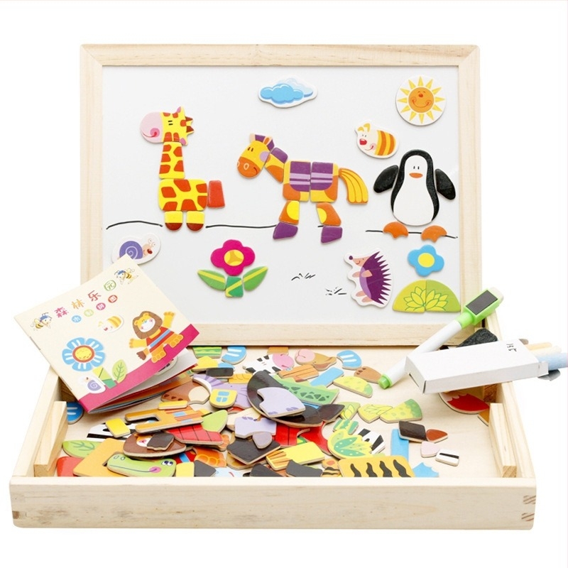 Fa mágneses állatos puzzle gyerekeknek, kétoldalas mágneses rajztábla, 4–6 éveseknek; testreszabás mintával elérhető
