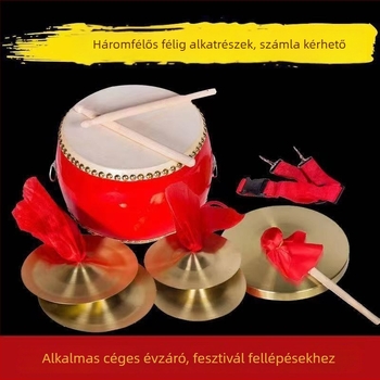 Három és fél darabos ütőhangszer-készlet tehénbőrből készült dobokkal és cintányérokkal színpadi előadásokhoz