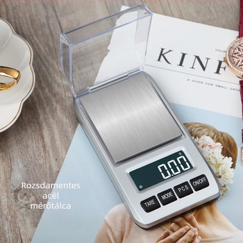 CX-288 rozsdamentes acélból készült ékszerzseb mérleg, szélvédett fedéllel, 1 kg kapacitás, pontosság 0.1 g / 0.01 g