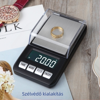 CX-288 rozsdamentes acélból készült ékszerzseb mérleg, szélvédett fedéllel, 1 kg kapacitás, pontosság 0.1 g / 0.01 g