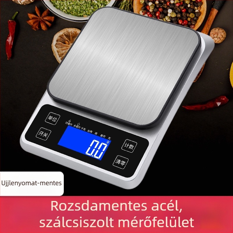 Rozsdamentes acélból készült konyhai mérleg, nagy pontosságú digitális mérleg, kompakt platform, 5 kg kapacitás, sütéshez és élelmiszerek otthoni méréséhez.