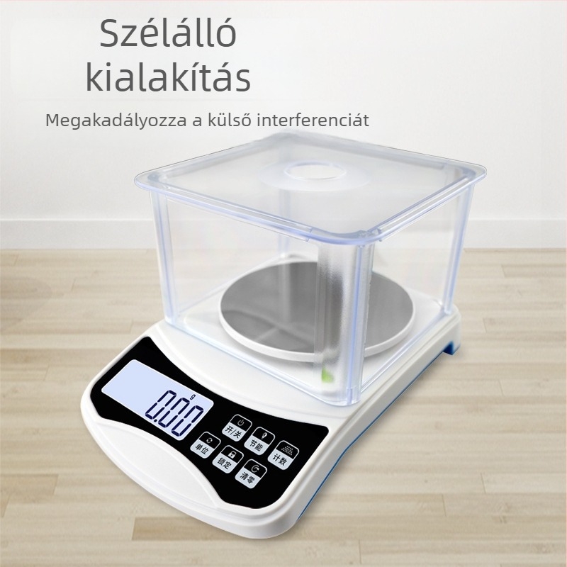 Újratölthető ékszer mérleg szélvédett fedéllel, 0.01 g pontosság, 1000 g kapacitás, ékszerekhez, aranyhoz és gyógynövényekhez
