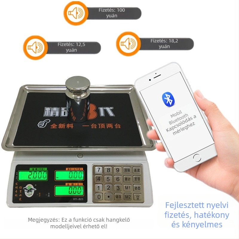 Elektronikus árazó Mérleg, kereskedelmi ACS modell, 30 kg kapacitás, 1 g/5 g/10 g pontosság, kettős tápegység (töltés és hálózati áram)