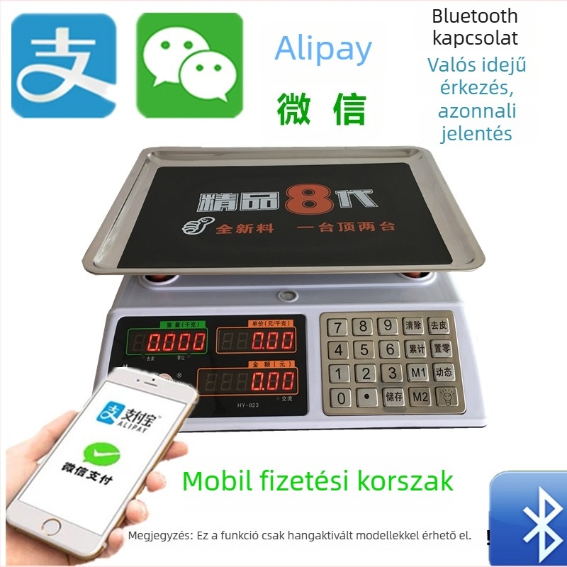 Elektronikus árazó Mérleg, kereskedelmi ACS modell, 30 kg kapacitás, 1 g/5 g/10 g pontosság, kettős tápegység (töltés és hálózati áram)