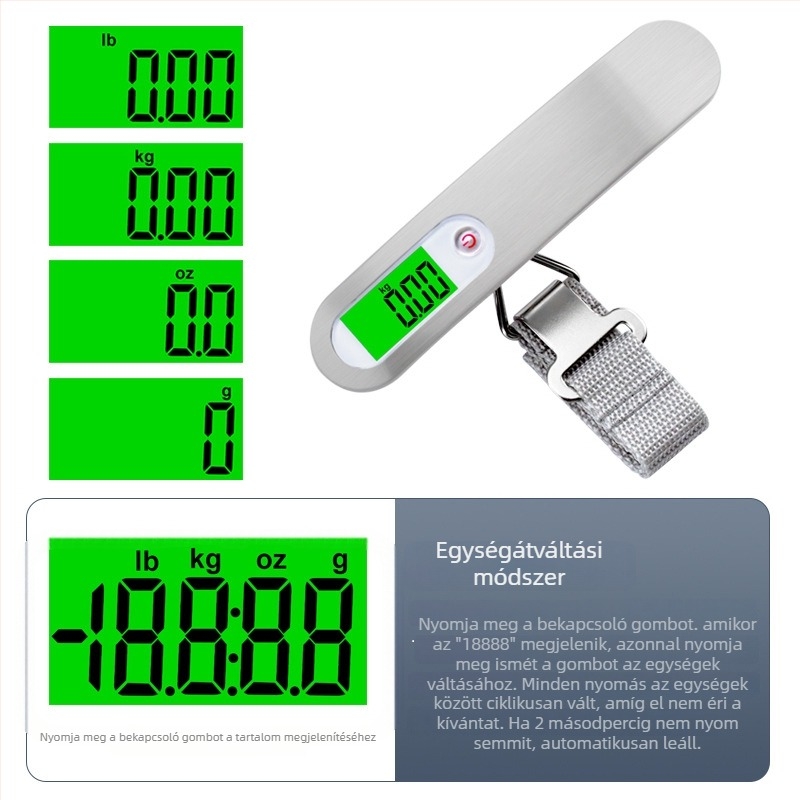 Hordozható elektronikus poggyászmérleg, CX-A25 modell, 50 g–50 kg tartomány, CR2032-akkumulátorral működik, postai használatra