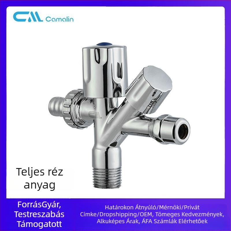 Mosógéphez kapcsoló csap kettős kimenettel és háromutas szeleppel, sárgarézből, modell Cml2430, alkalmas mosógéphez, WC-hez, vízmelegítőhöz és víztisztítóhoz