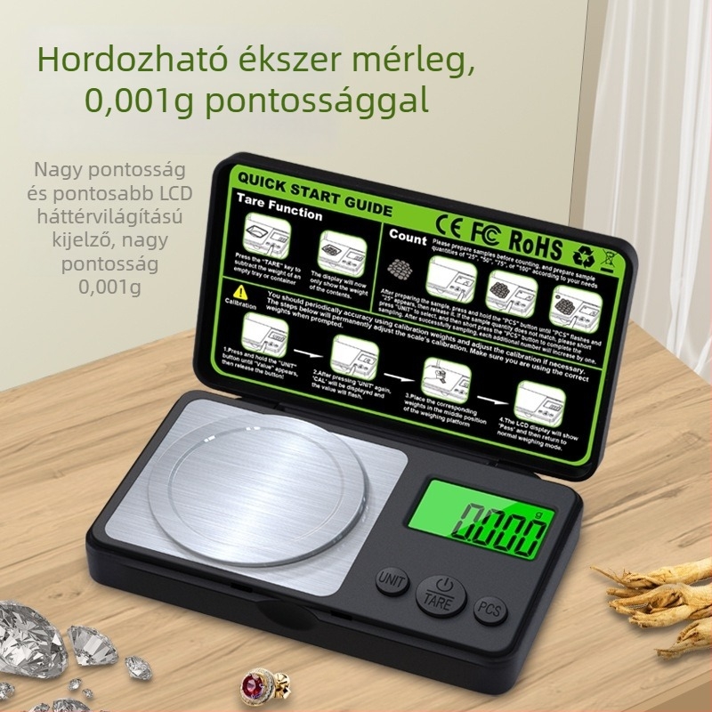 Kis hordozható digitális mérleg arany ékszerekhez, 0,001 g, magas pontosságú milligramm mérleg