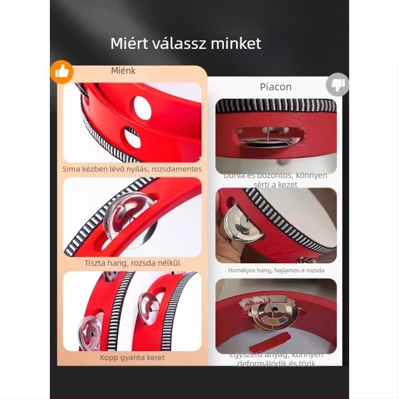 Tamburin diófa testtel, Modell 001, Kézben tartható hangszer, Karton csomagolás